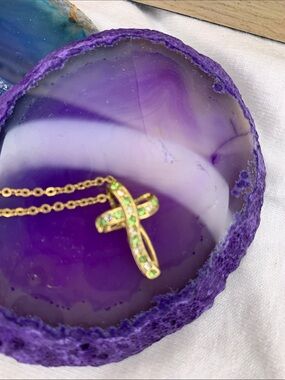 Gold Cross Necklace with Green Stone Accents